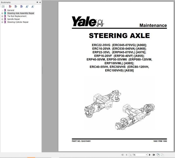 Yale Forklift A938 ERC80VH ERC100VH ERC100VHS ERC120VH Service Manual