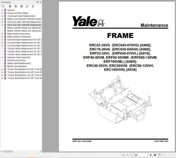 Yale Forklift A938 ERC80VH ERC100VH ERC100VHS ERC120VH Service Manual 1