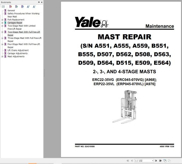 Yale Forklift A976 ERP045 050 060 070VL Service Manual