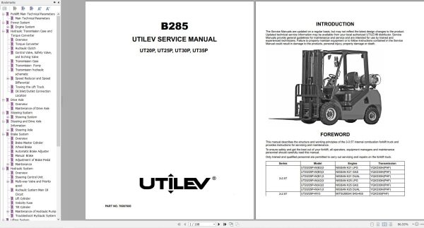 Yale Forklift B285 UT20P UT25P UT30P UT35P Service Manual 04.2022