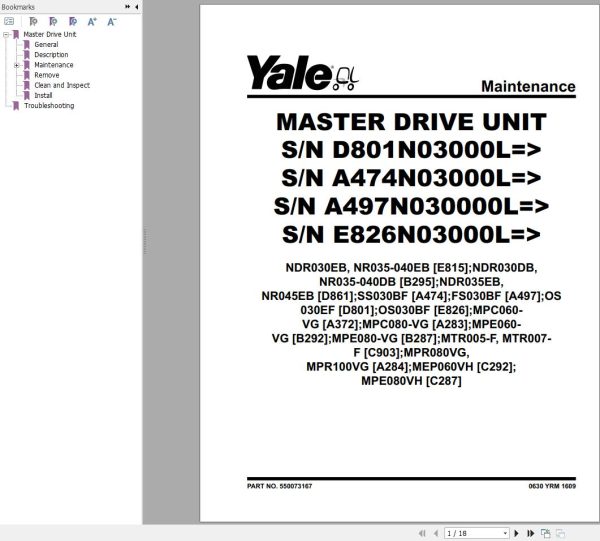 Yale Forklift B2D2 N1800V36 N1821V36 N1800V48 N1824V48 Service Manual