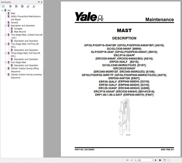 Yale Forklift B810 GDPGLP16 20AF Europe Service Manual 02.2023