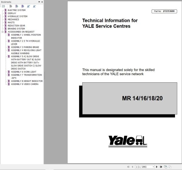 Yale Forklift B849 MR14 MR15H MR16 MR18 MR20 Service Manual