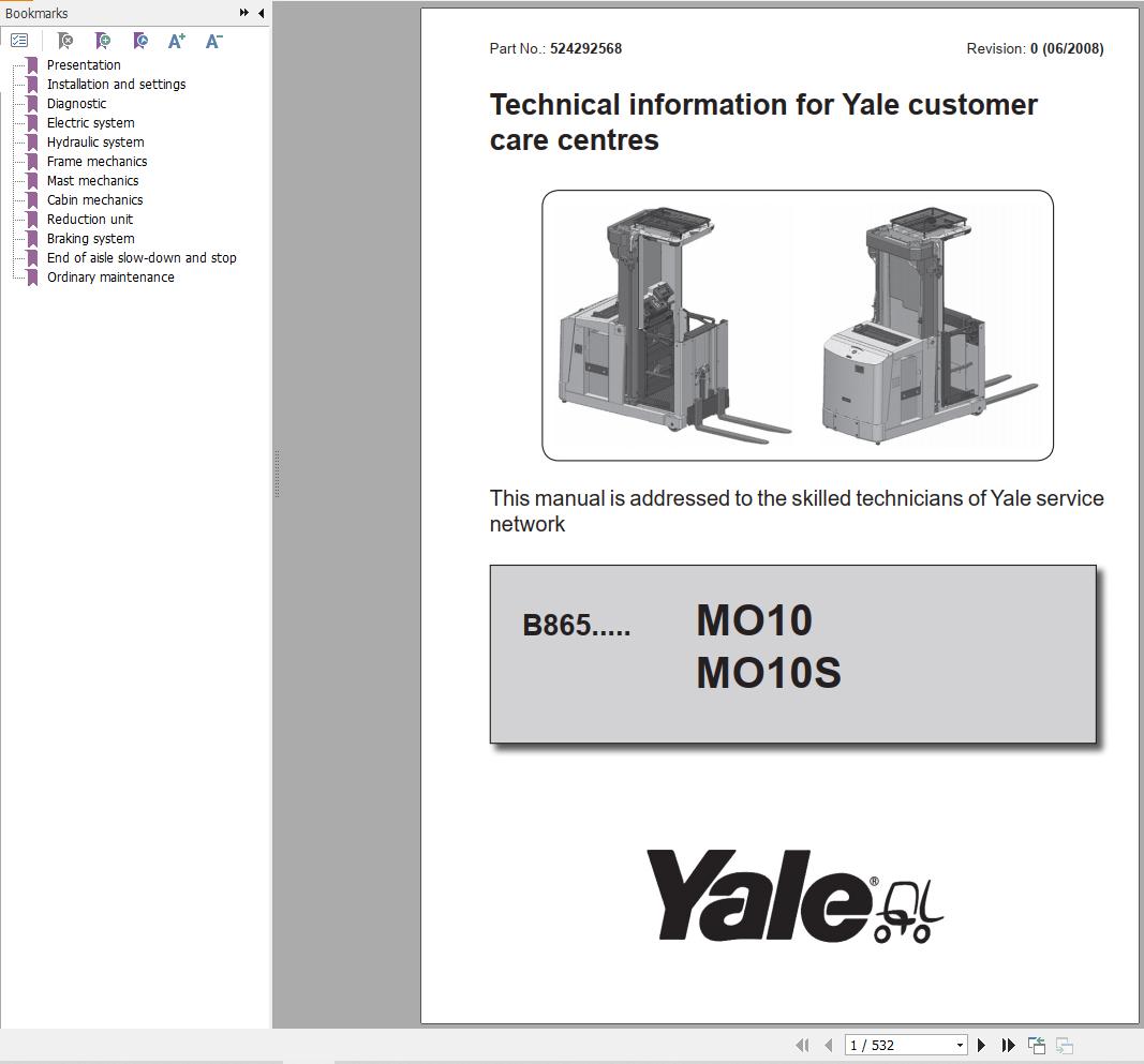 Yale Forklift B865 MO10 MO10S MO10S WP Service Manual