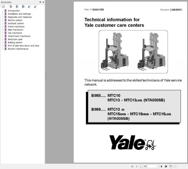 Yale Forklift B869 MTC13 80 MTC15 SWB MTC15 MWB MTC15 LWB NTA035SB Service Manual