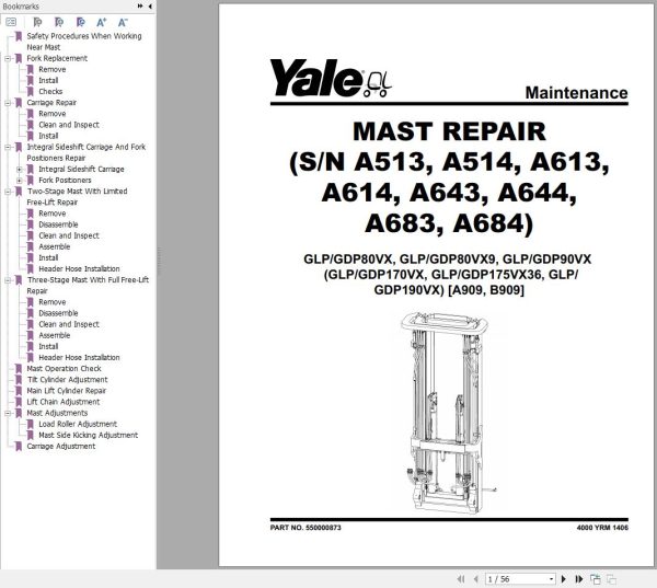 Yale Forklift B909 GLPGDP170VX to GLPGDP190VX Service Manual 02.2023