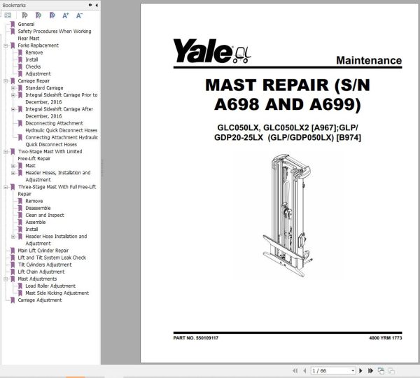 Yale Forklift B974 GLP20LX to GDP25LX Europe Service Manual 08.2023