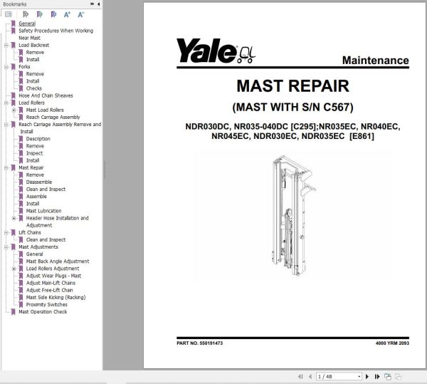 Yale Forklift C295 NDR030DC NR035DC NR040DC Service Manual