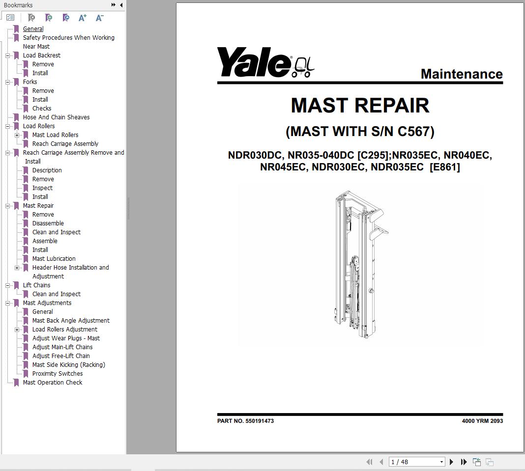 Yale Forklift C295 NDR030DC NR035DC NR040DC Service Manual