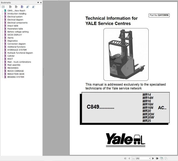 Yale Forklift C849 MR1414H MR1616H16N MR2020H20W MR25 Service Manual