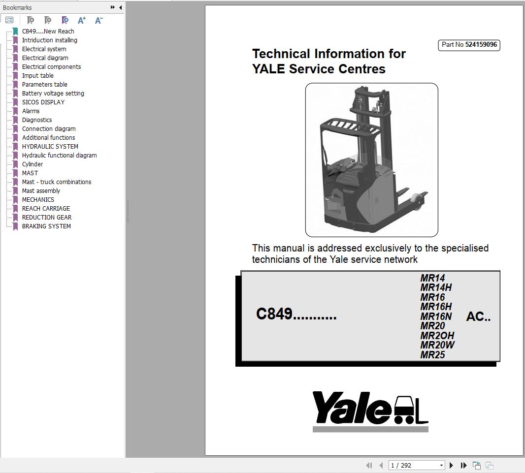 Yale Forklift C849 MR1414H MR1616H16N MR2020H20W MR25 Service Manual