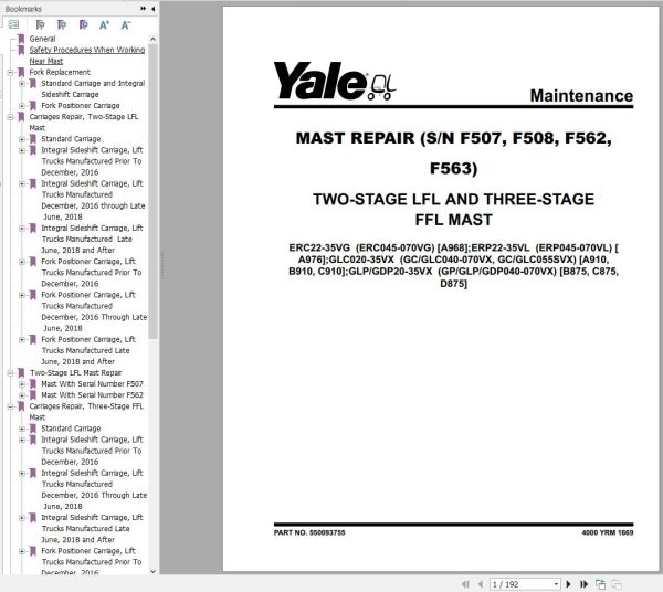 Yale Forklift C875 GLP20 35VX. GDP20 35VX Europe Service Manual 04.2023