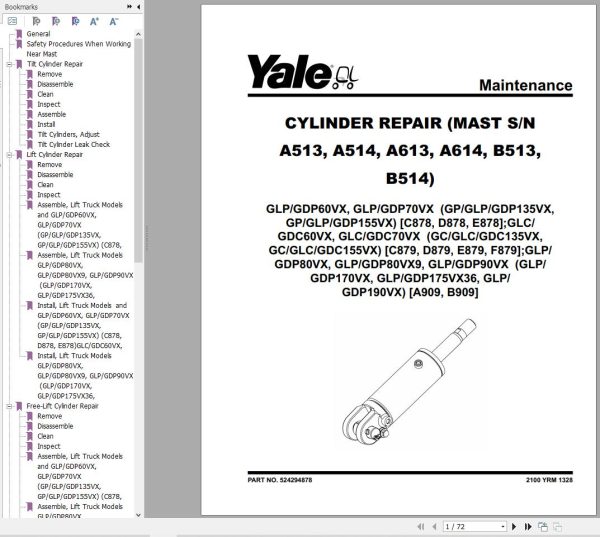 Yale Forklift C878 GDP135 155VX GLP135 155VX GP135 155VX Service Manual 02.2023