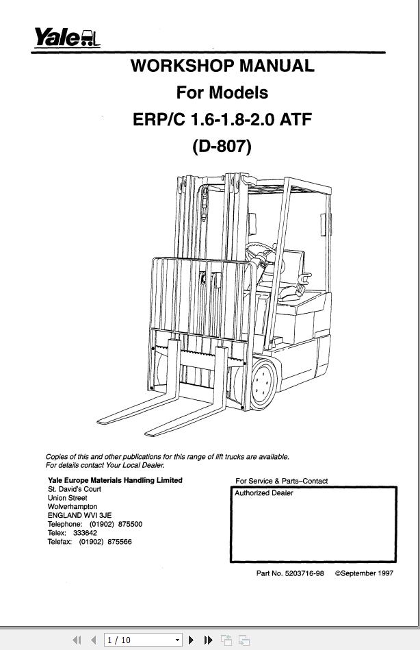 Yale Forklift D807 ERP 16 18 20 ATF Diabolo Up to D807A02353W Service Manual