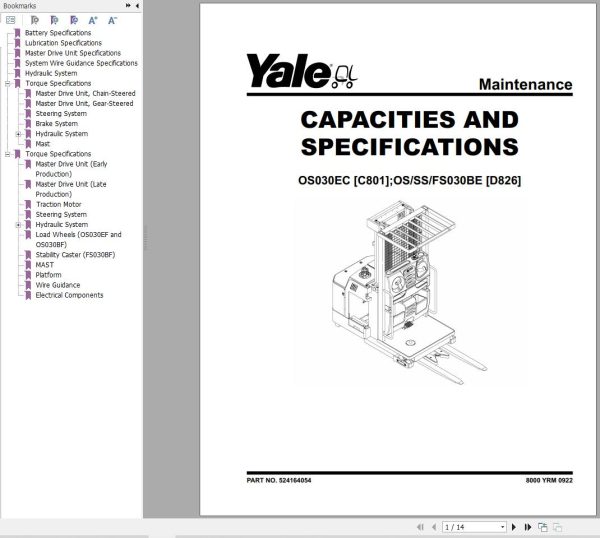 Yale Forklift D826 OS SS030BE Service Manual