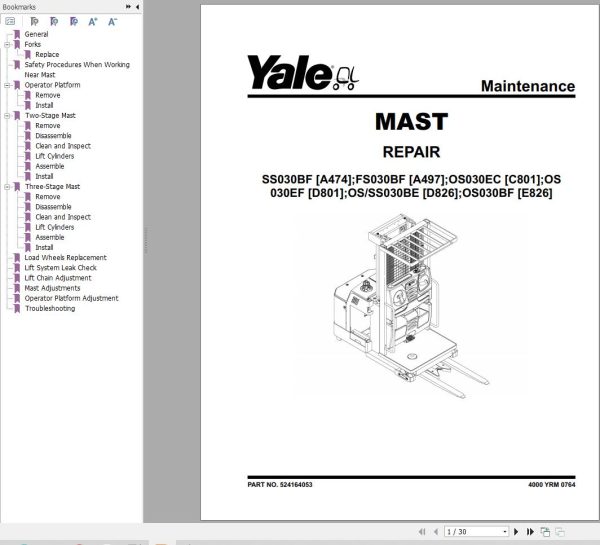 Yale Forklift D826 OS SS030BE Service Manual 1