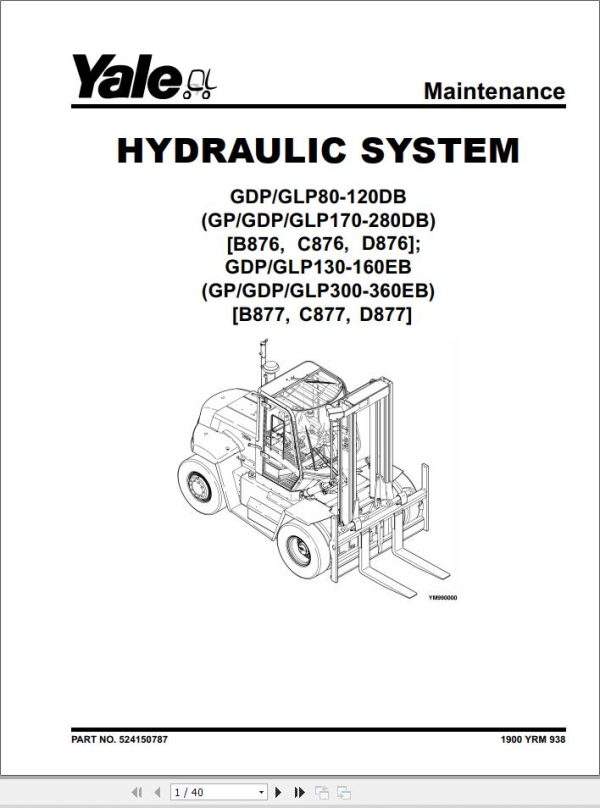 Yale Forklift D876 GDP170 280DB GLP170 280DB Service Manual 02.2023