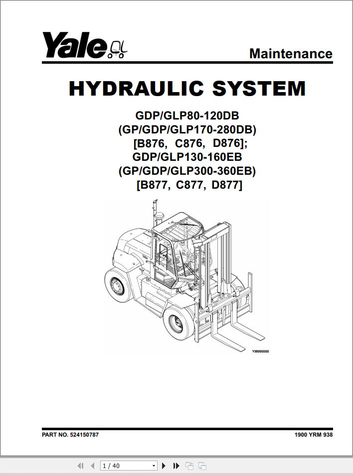 Yale Forklift D876 GDP170 280DB GLP170 280DB Service Manual 02.2023