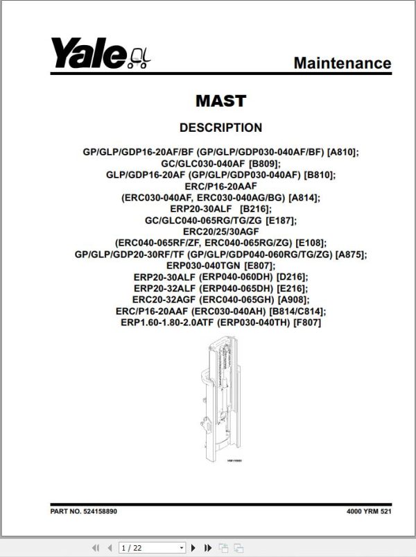Yale Forklift E216 ERP040 050 060 065DH Service Manual