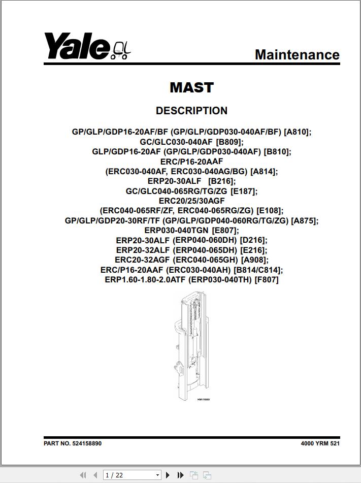 Yale Forklift E216 ERP040 050 060 065DH Service Manual