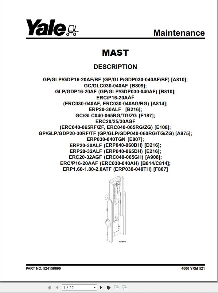 Yale Forklift E807 ERP030 040TGN Service Manual