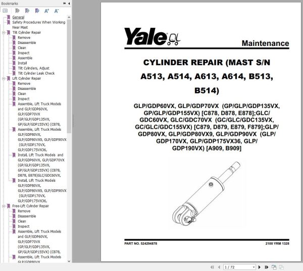 Yale Forklift E878 GLP60VX GLP70VX GDP60VX GDP70VX Europe Service Manual 02.2023