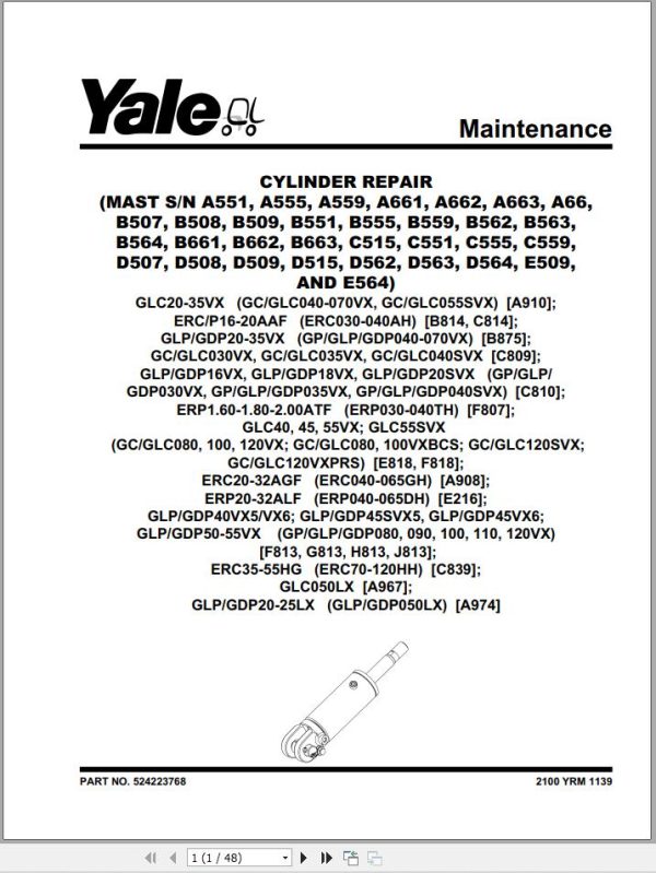 Yale Forklift F813 GPGDPGLP080VX to 120VX Service Manual 02.2023