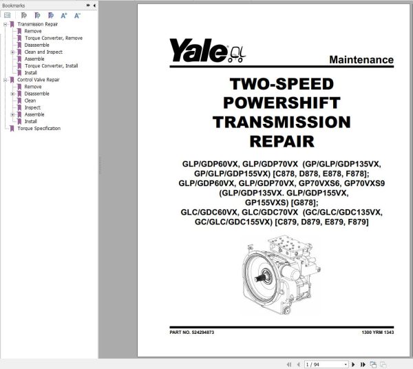 Yale Forklift F878 GLP60 70VX GDP60 70VX Europe Service Manual 07.2023