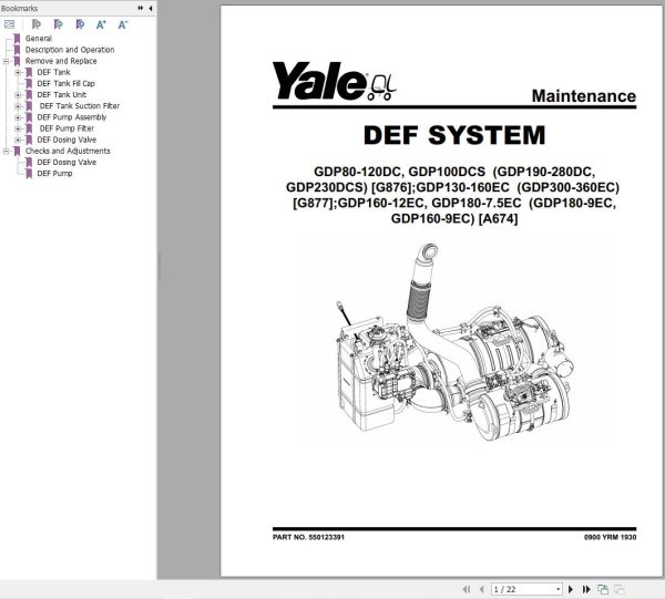 Yale Forklift G876 GDP190DC to GDP280DC Service Manual 02.2023