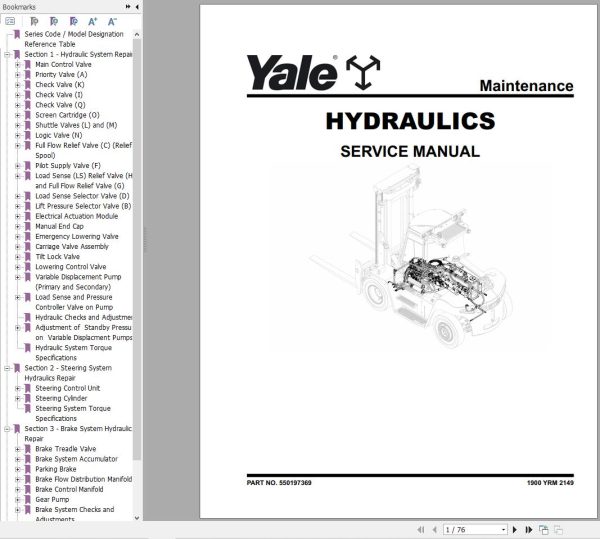 Yale Forklift H876 GDP190DC to GD280DC Service Manual 05.2023