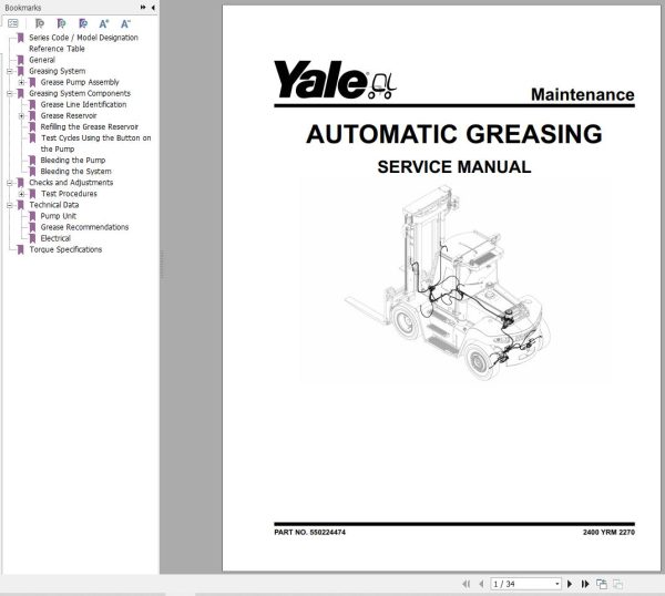 Yale Forklift J876 GDP80DF to GDP120DF Service Manual 02.2023