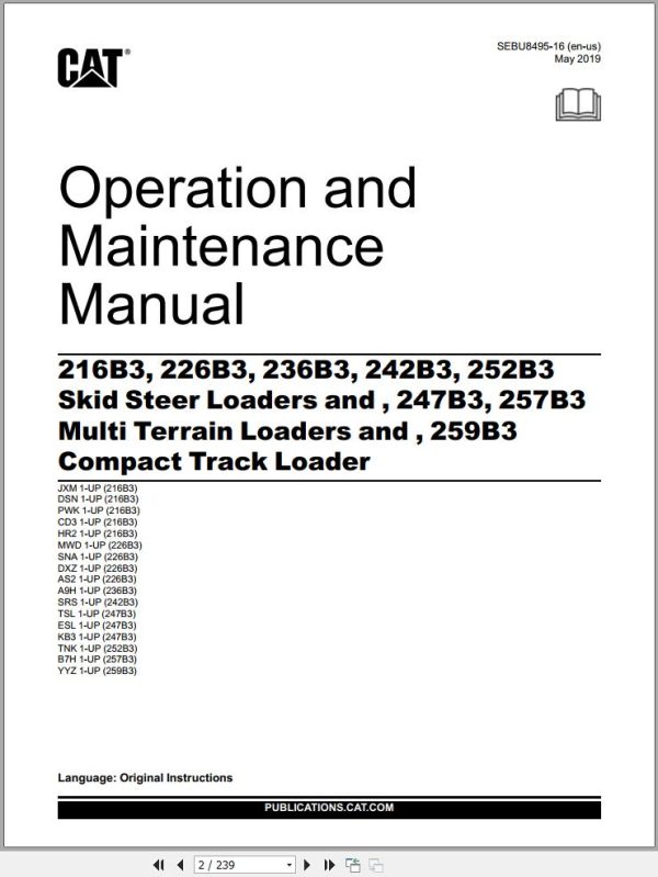 CAT Loaders 216B3 252B3 247B3 257B3 259B3 Operation Maintenance Manual 1