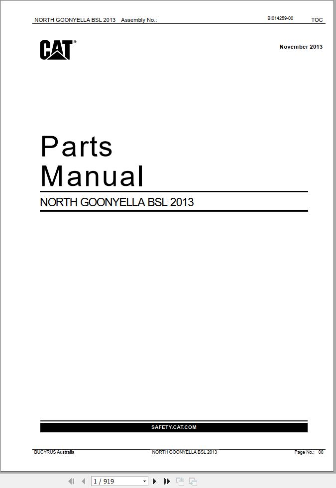 Caterpillar Beamed Stageloader NORTH GOONYELLA BSL Parts Manual BI014259