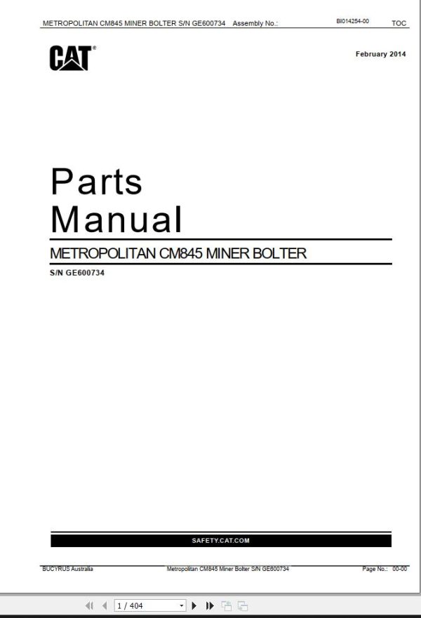 Caterpillar Miner Bolter Metropolitan CM845 Parts Manual BI014254