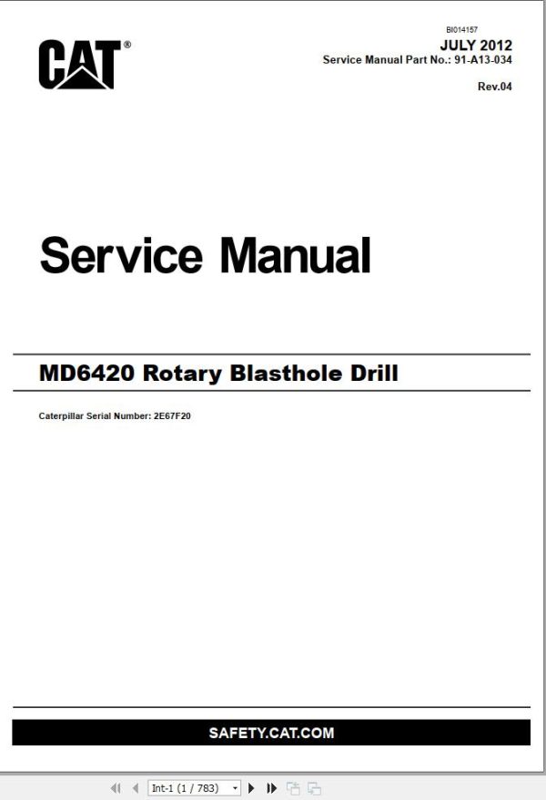 Caterpillar Rotary Blasthole Drill MD6420 Service Manual BI014157