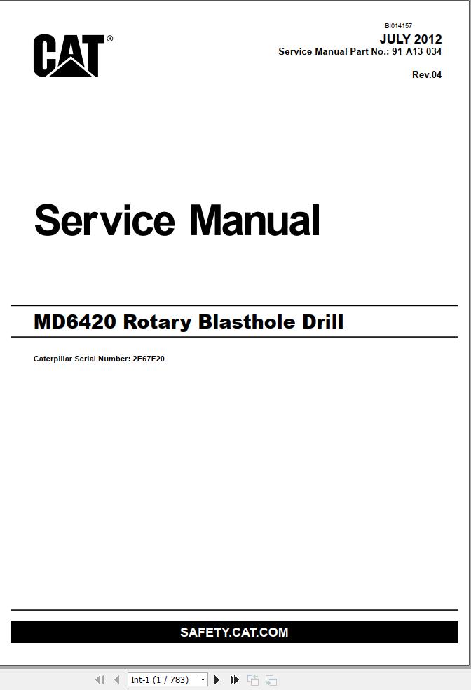 Caterpillar Rotary Blasthole Drill MD6420 Service Manual BI014157
