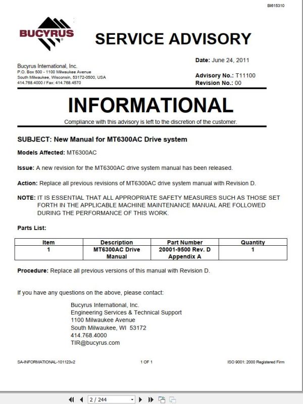 Caterpillar Traction Inverter And Blower Drive MT6300AC Service Manual BI615310
