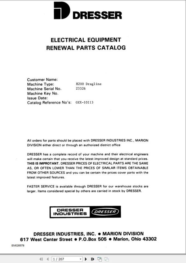 Caterpillar Walking Draglline 8200 Electrical Parts Catalog EM026578