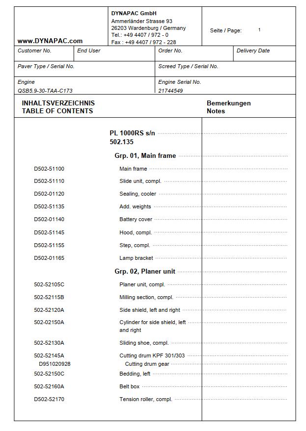 Dynapac Compact Planer PL1000RS Spare Parts Catalogue