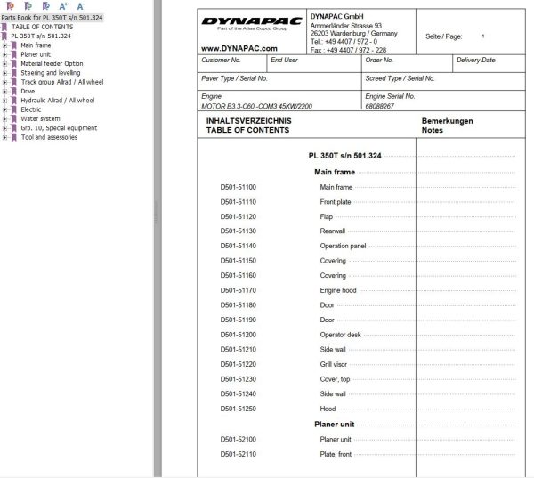Dynapac Compact Planer PL350T Spare Parts Catalogue