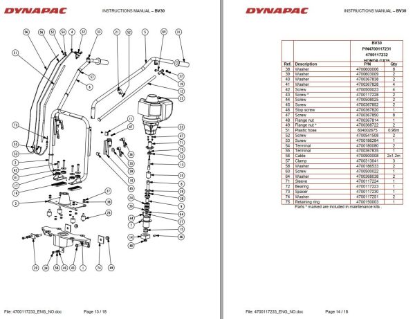 Dynapac Finishing Vibrating Beam BV BV20 BV21 BV30 Instruction Spare Parts Catalogue 1