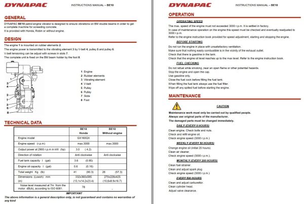 Dynapac Petrol Engine Vibrator BE10 Instruction Spare Parts Catalogue 1