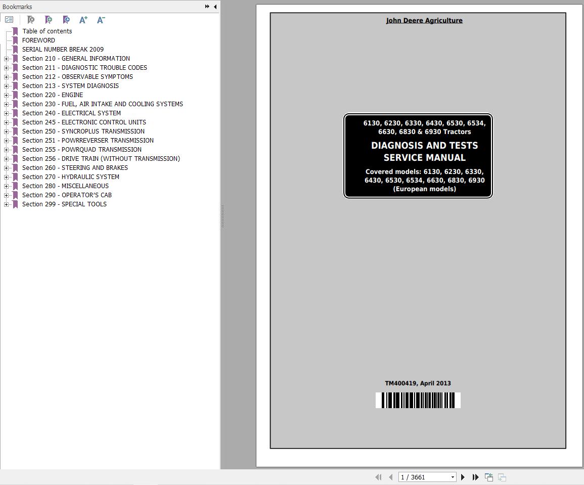 John Deere Tractor 6130 to 6930 Diagnostic Test Service Manual TM400419 1