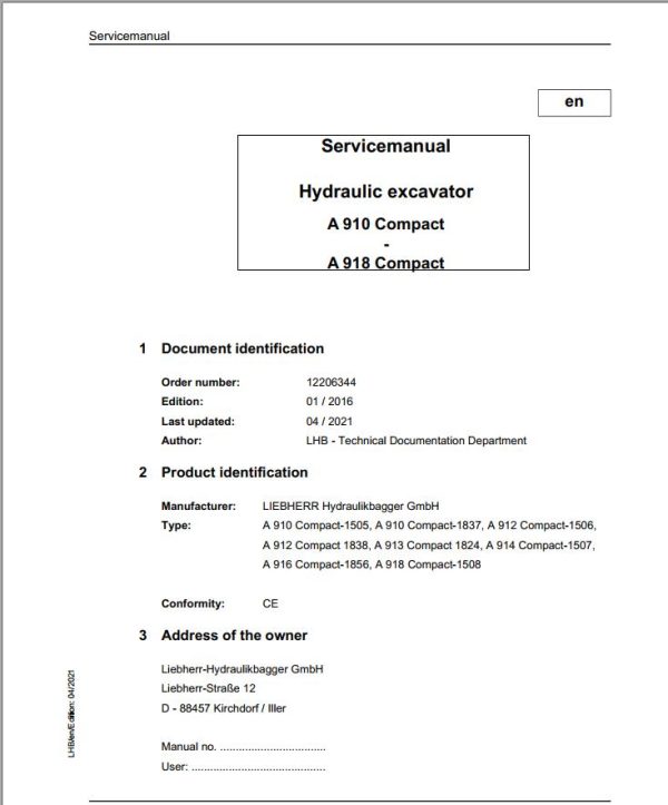 Liebherr Hydraulic Excavator A910 to A918 Compact Servi