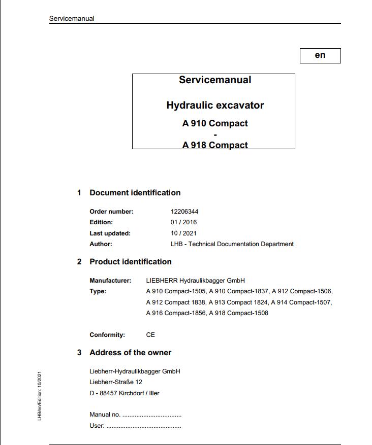 Liebherr Hydraulic Excavator A910 to A918 Compact Service Manual 12206344 10.2021