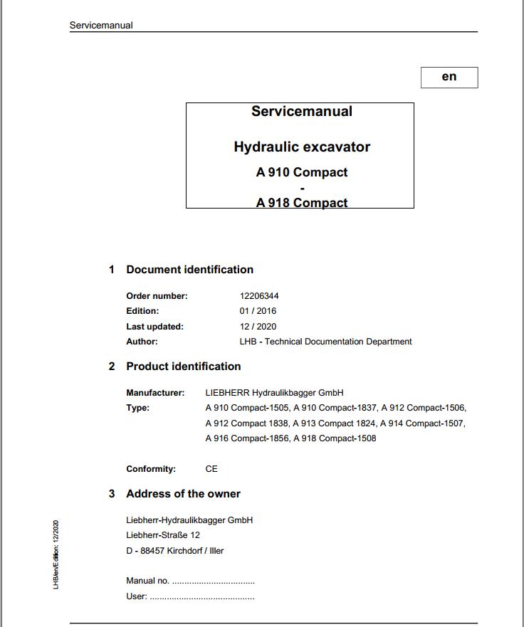 Liebherr Hydraulic Excavator A910 to A918 Compact Service Manual 12206344 12.2020