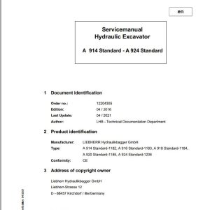 Liebherr Hydraulic Excavator A914 to A924 Standard Service Manual 12204305 04.2021