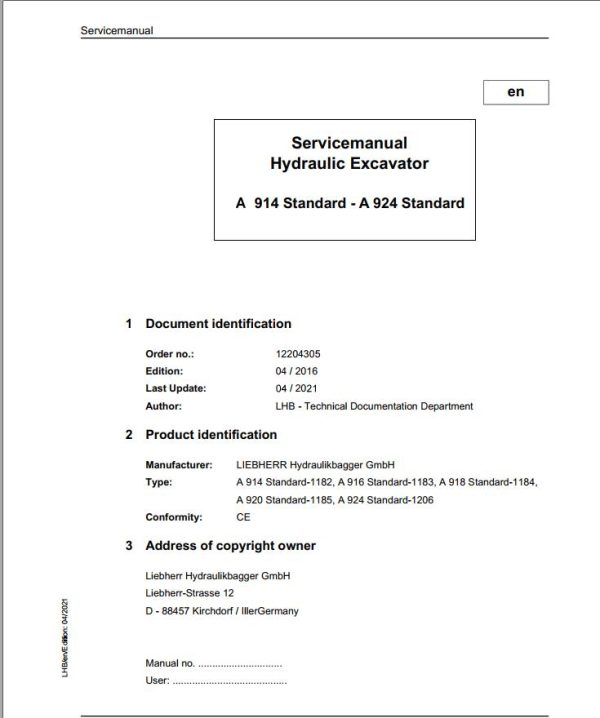 Liebherr Hydraulic Excavator A914 to A924 Standard Service Manual 12204305 04.2021