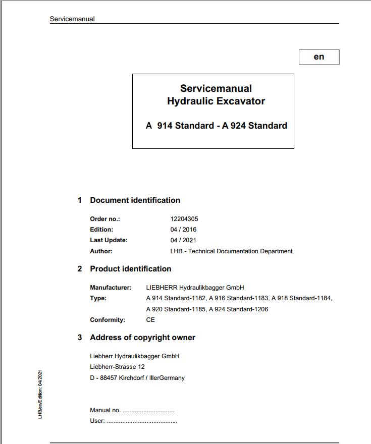 Liebherr Hydraulic Excavator A914 to A924 Standard Service Manual 12204305 04.2021