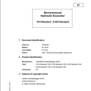 Liebherr Hydraulic Excavator A914 to A924 Standard Service Manual 12204305 10.2021
